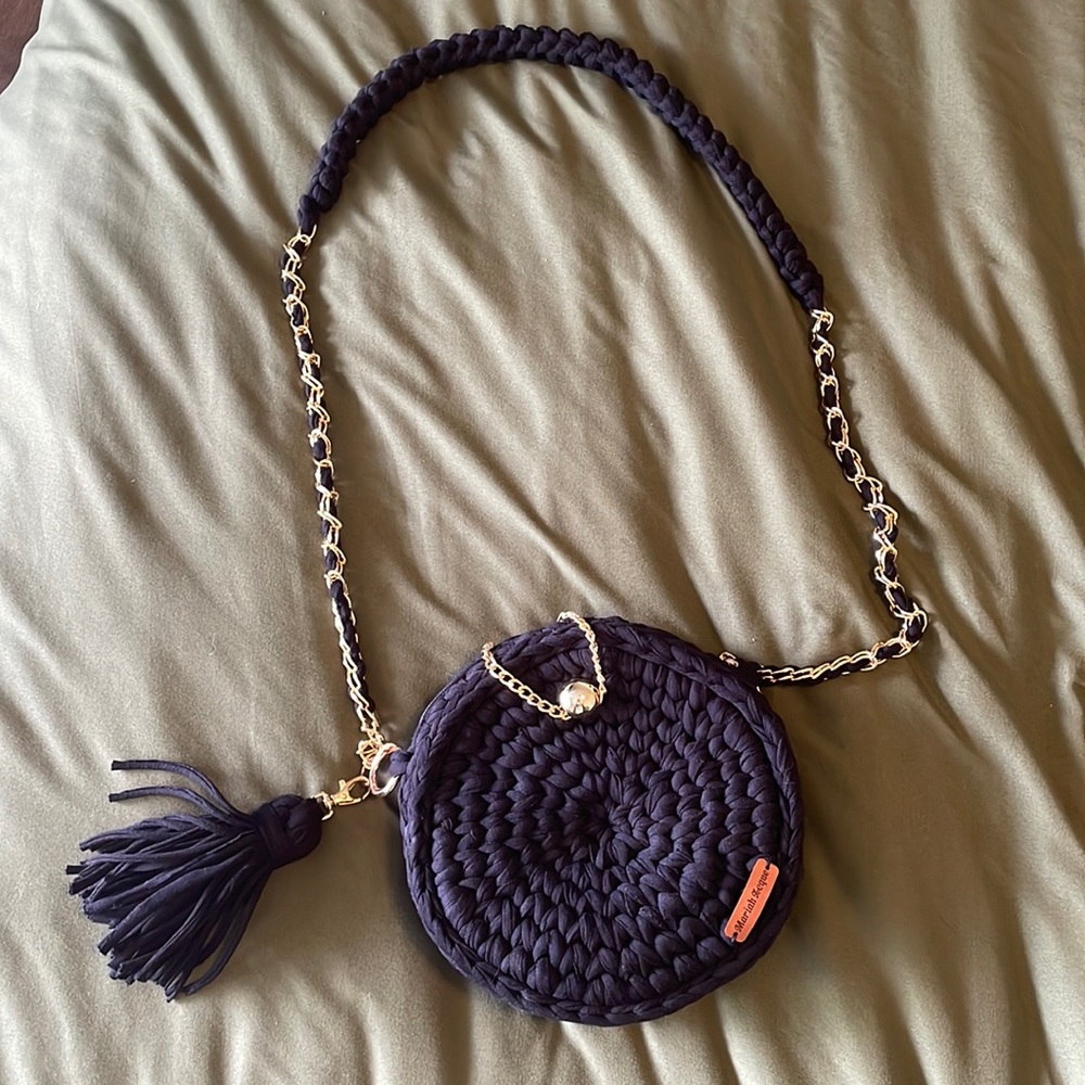 black hand crocheted crochet purse chain strap handmade in Brazil